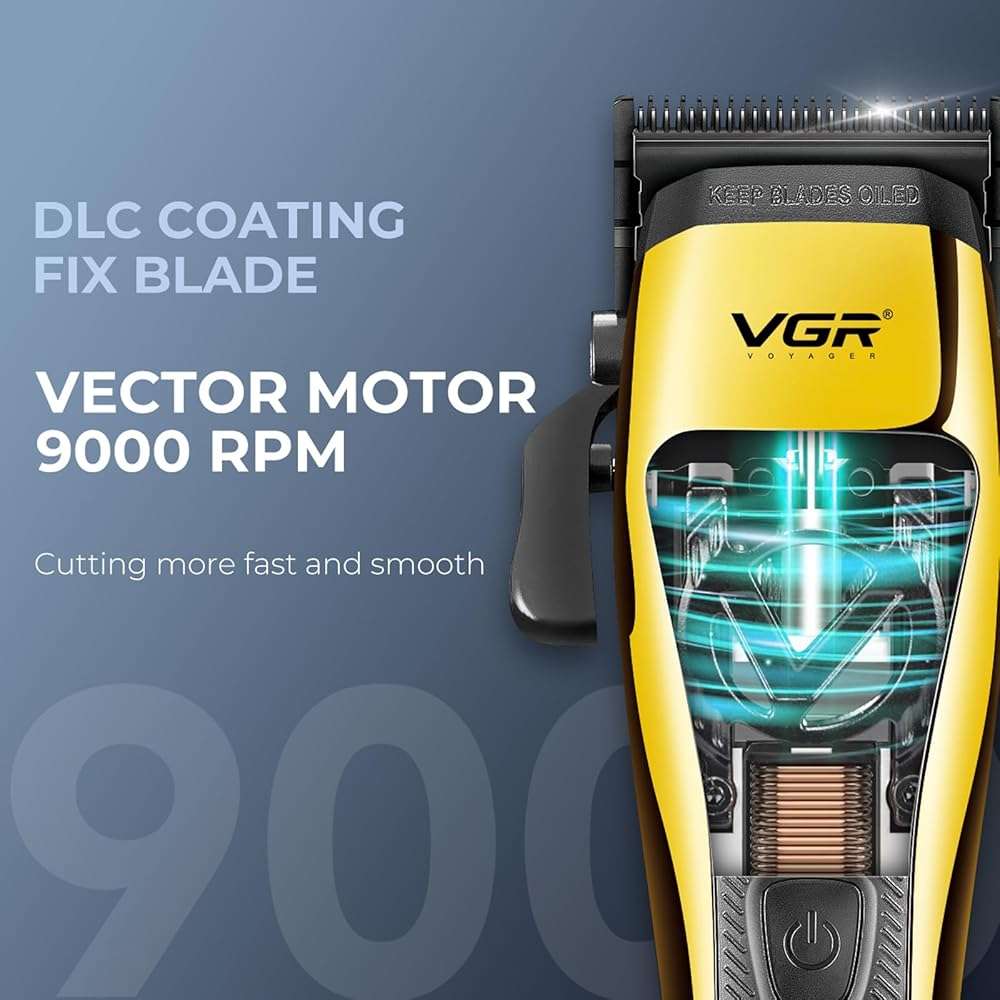 VGR 015 Professional Cordless Hair Clippers for Men, 9000 RPM Vector Motor Hair Trimmer DLC-Blade Barber Clipper for Hair Cutting with Metal Body, 1 Modular Lid in Black, Travel Case - Image 3