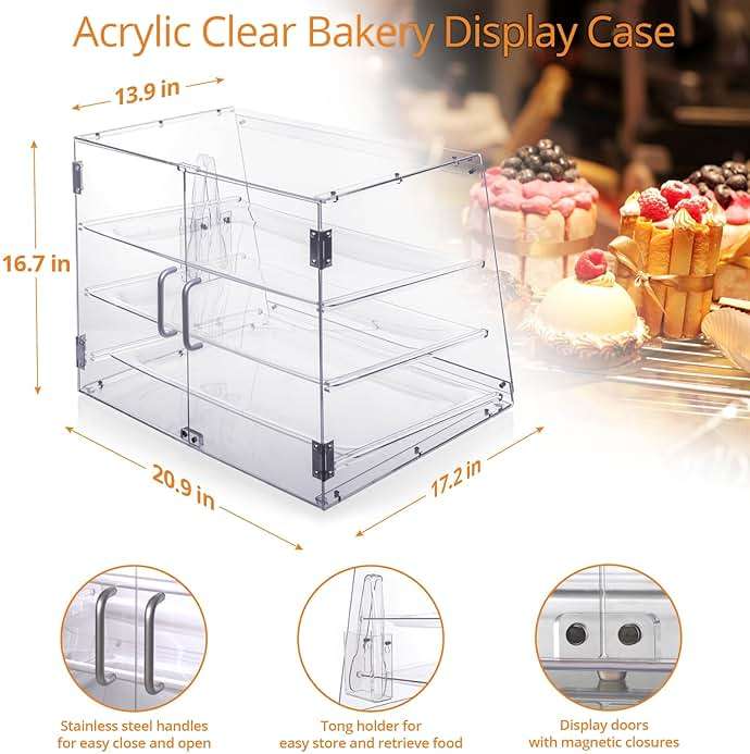 Old Canal Bakery Display Case, Pastry Display Case Countertop 3 Tier Tray, Acrylic Clear Boxes for Bread Pastry Desserts Food Cookie, Display Cabinet Box for Baking Enthusiasts, 20.86 x 17.3 x 16.5 in - Image 3