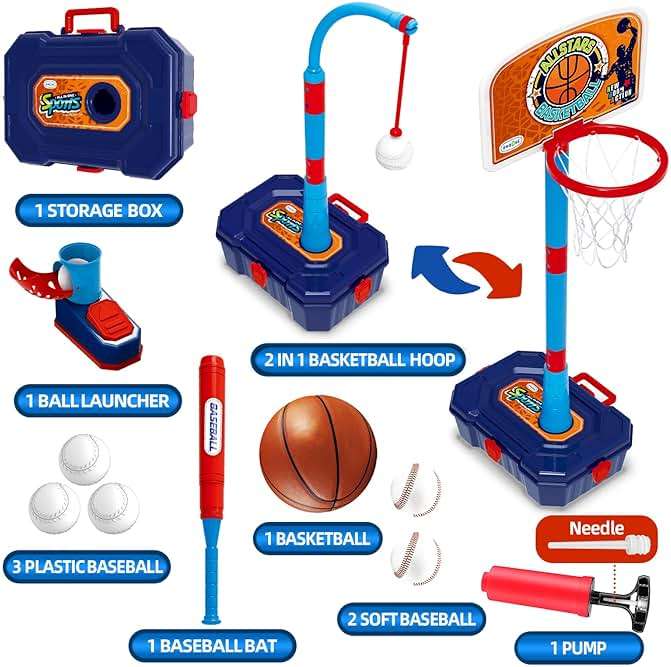 4 in 1 Basketball Hoop for Kids 1-3, 3-5, Toddler Basketball Goal and T Ball Set, Adjustable Basketball Hoop, Indoor Outdoor Sports Toys, Birthday Gifts for Kids Boys 1 2 3 4 5 Years Old - Image 8