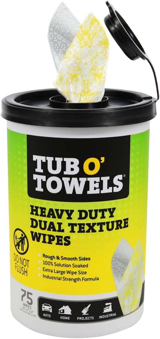 Tub O' Towels TW75 Heavy-Duty Multi-Surface Cleaning Wipes – Dual Texture 10" x 12" XL, 75 Count – Removes Grease, Tar, Oil, Paint, Ink & Tough Stains – Degreaser for Home, Garage, Auto & Workshop - Image 1