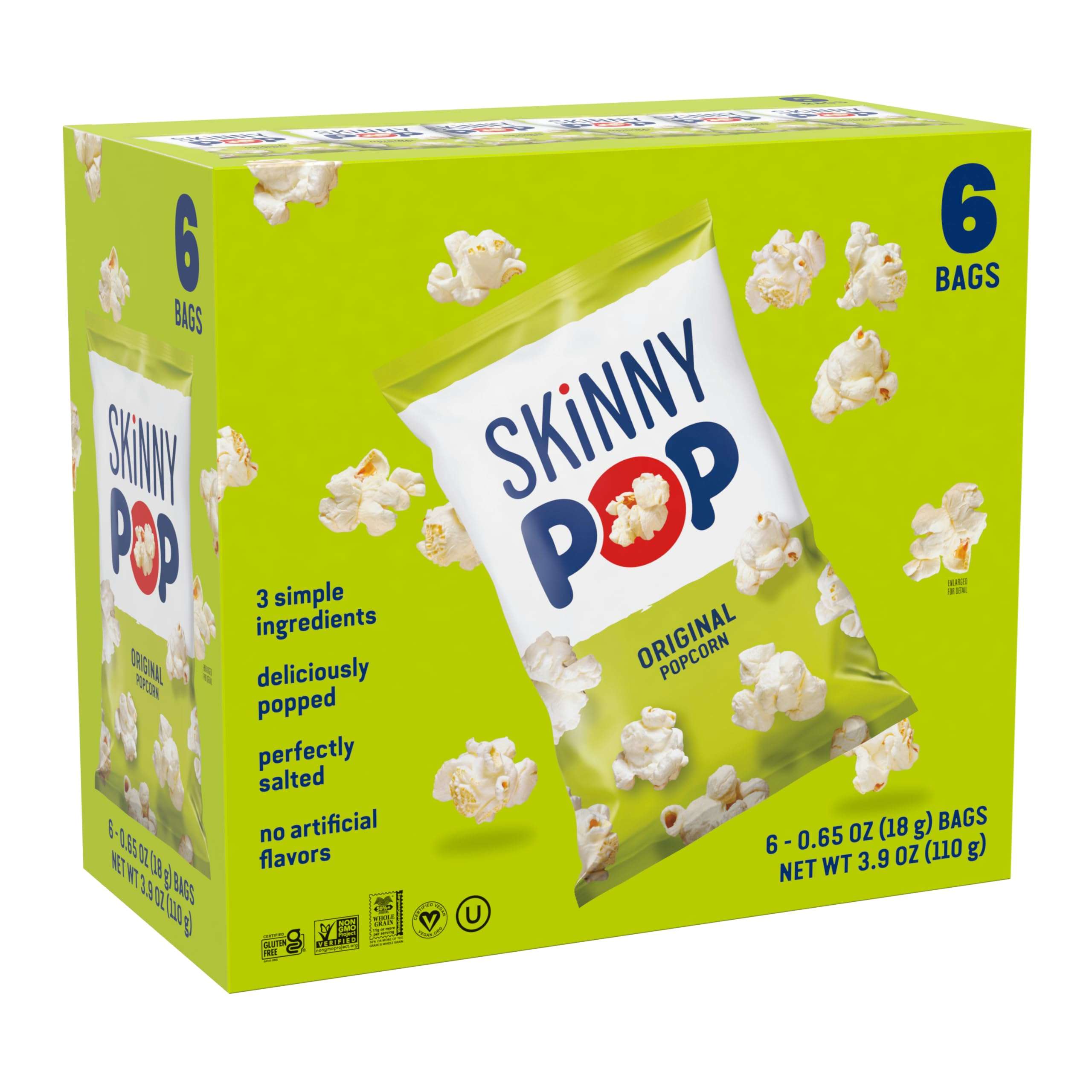 SkinnyPop Popcorn, Original, Whole Grain, Dairy-Free Snack, 0.65oz Bags (6ct) - Image 1