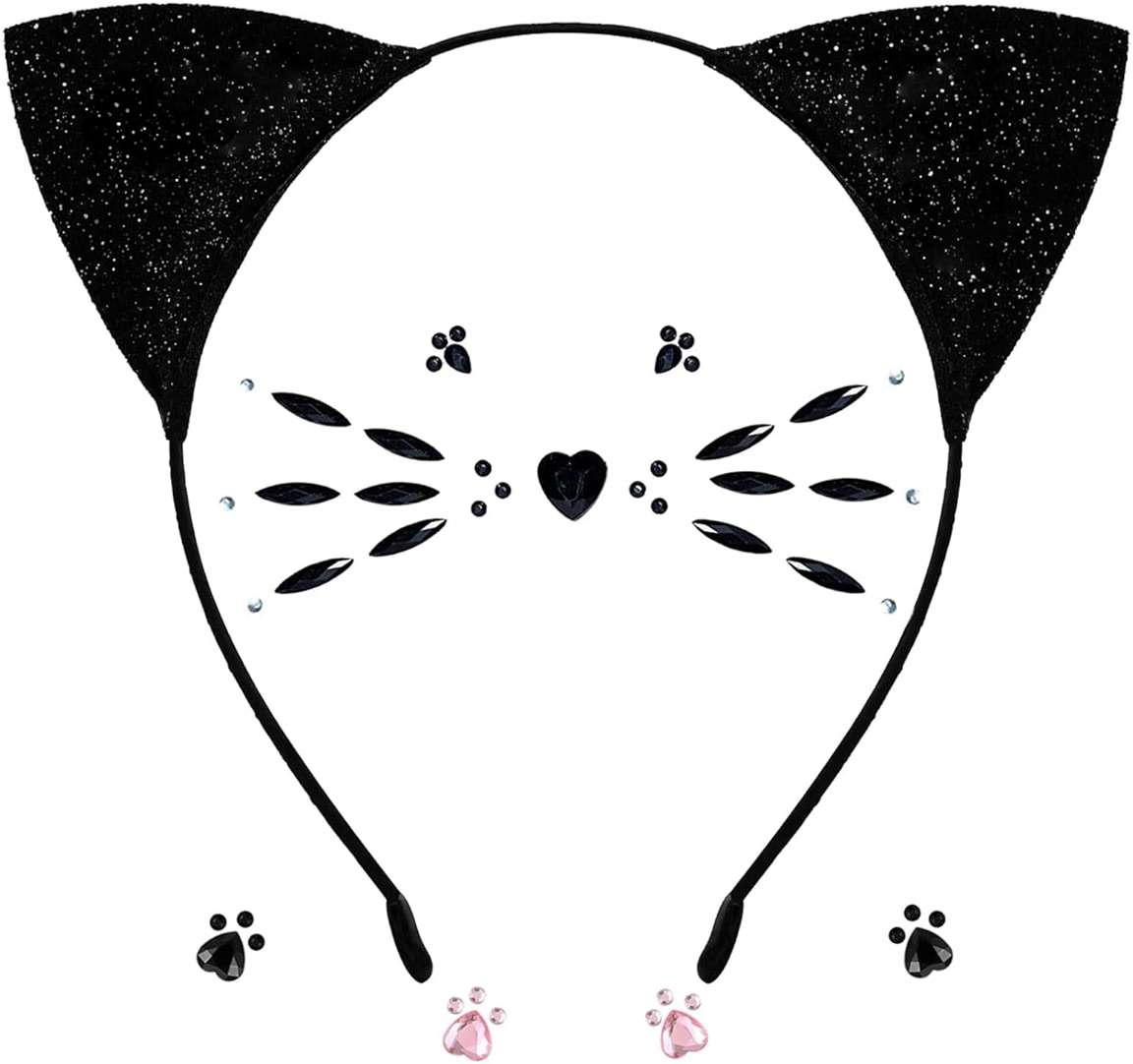 DDazzling Glitter Cat Ears Headband with Face Jewel Accessories for Halloween Animal Cosplay (Black, One Size) - Image 1
