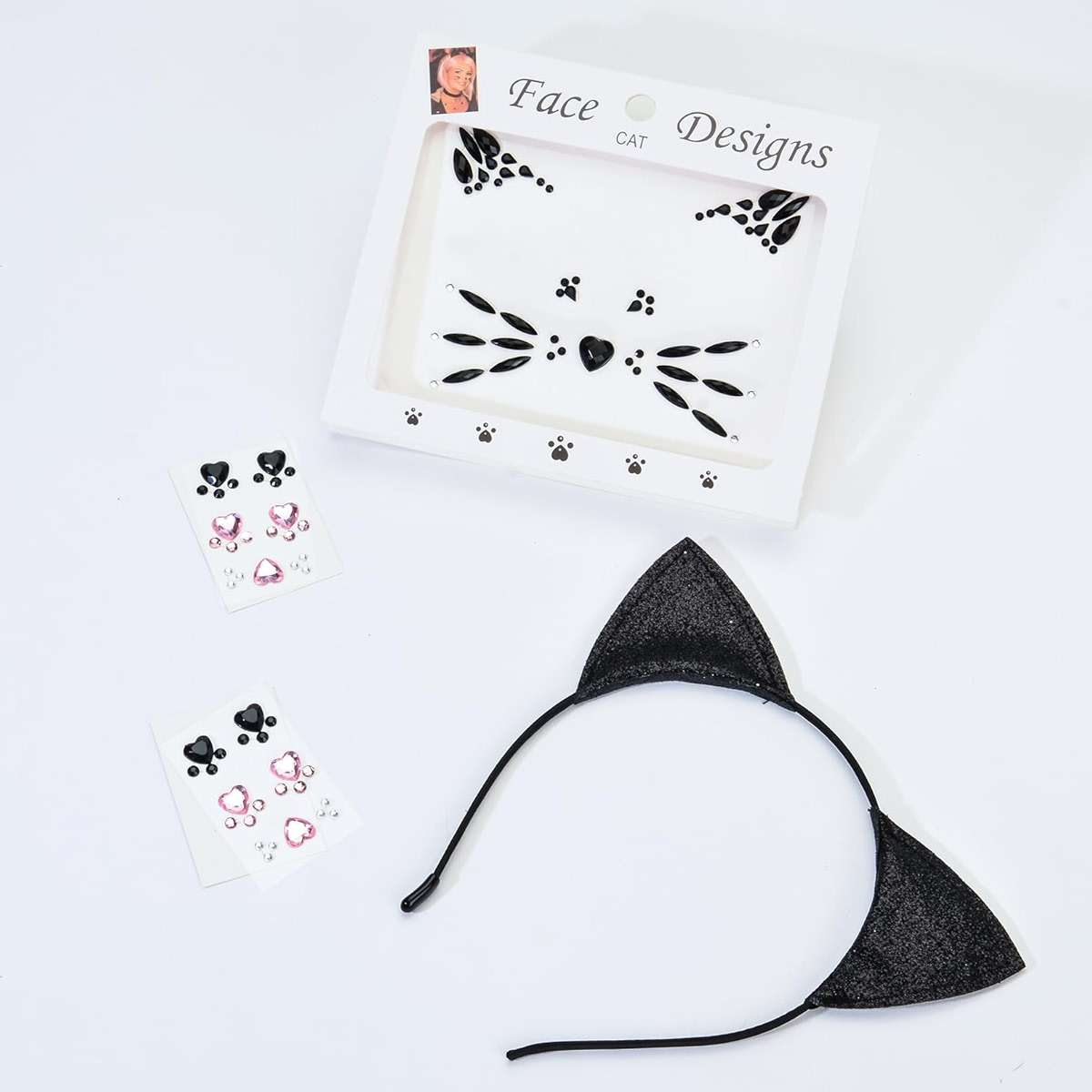 DDazzling Glitter Cat Ears Headband with Face Jewel Accessories for Halloween Animal Cosplay (Black, One Size) - Image 3