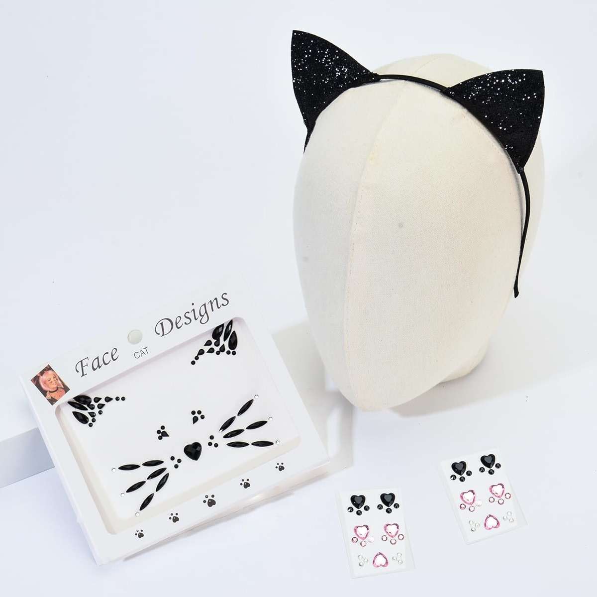 DDazzling Glitter Cat Ears Headband with Face Jewel Accessories for Halloween Animal Cosplay (Black, One Size) - Image 4