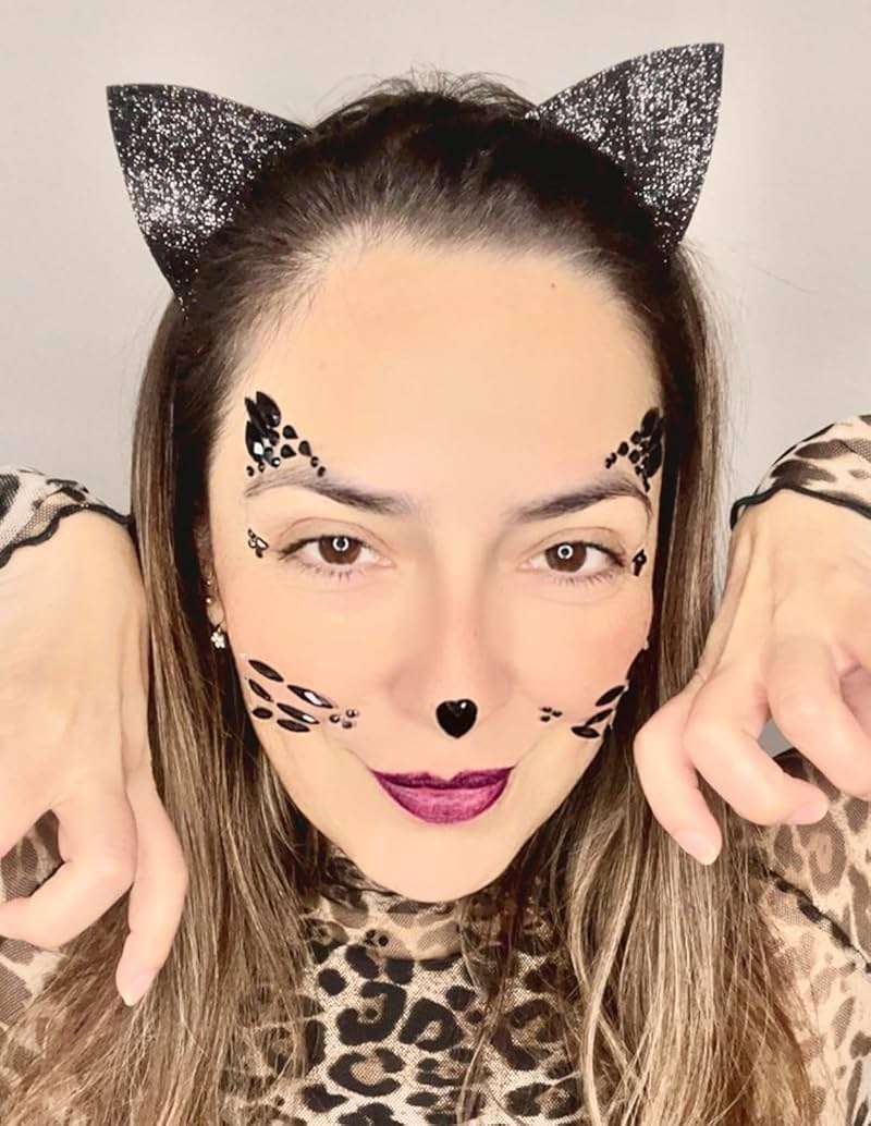 DDazzling Glitter Cat Ears Headband with Face Jewel Accessories for Halloween Animal Cosplay (Black, One Size) - Image 5
