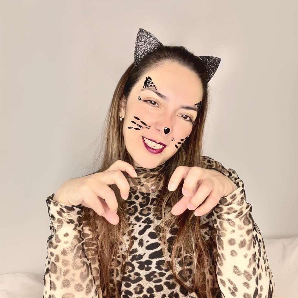 DDazzling Glitter Cat Ears Headband with Face Jewel Accessories for Halloween Animal Cosplay (Black, One Size) - Image 6