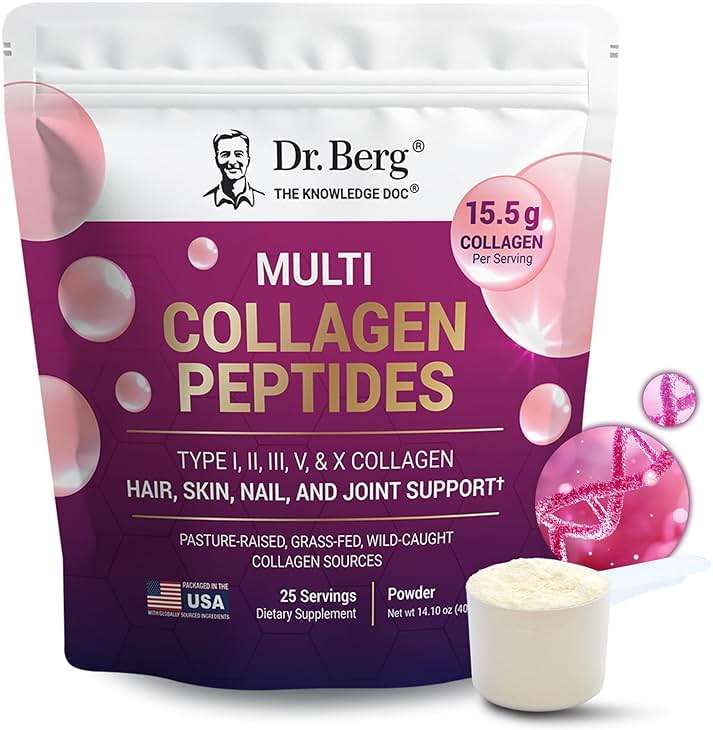 Dr. Berg Multi Collagen Peptides Powder Types I, II, III, V, X - Unflavored Collagen Powder w/ 14 g of Protein - Grass-Fed, Pasture-Raised & Wild-Caught Collagen Sources - 25 Servings - Image 1