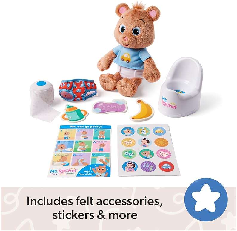 Ms. Rachel Potty Time with Bean, 11” Plush Teddy Bear with Play Toilet & Accessories, Toddler Toys for Girls & Boys for Ages 18 Months to 3+ - Image 7