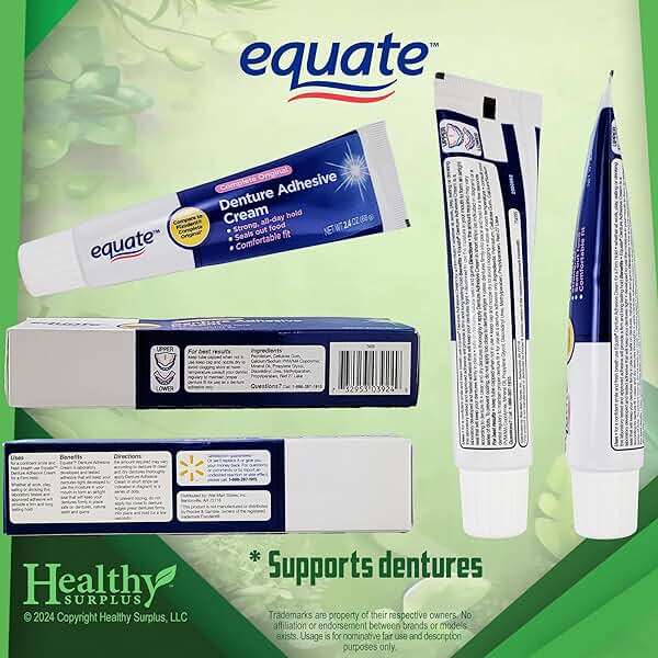 Equate Denture Adhesive Cream 2.4 OZ (68 g) 4 Pack and Vital Volumes Dental Care Tips Card - Bundle - Image 2