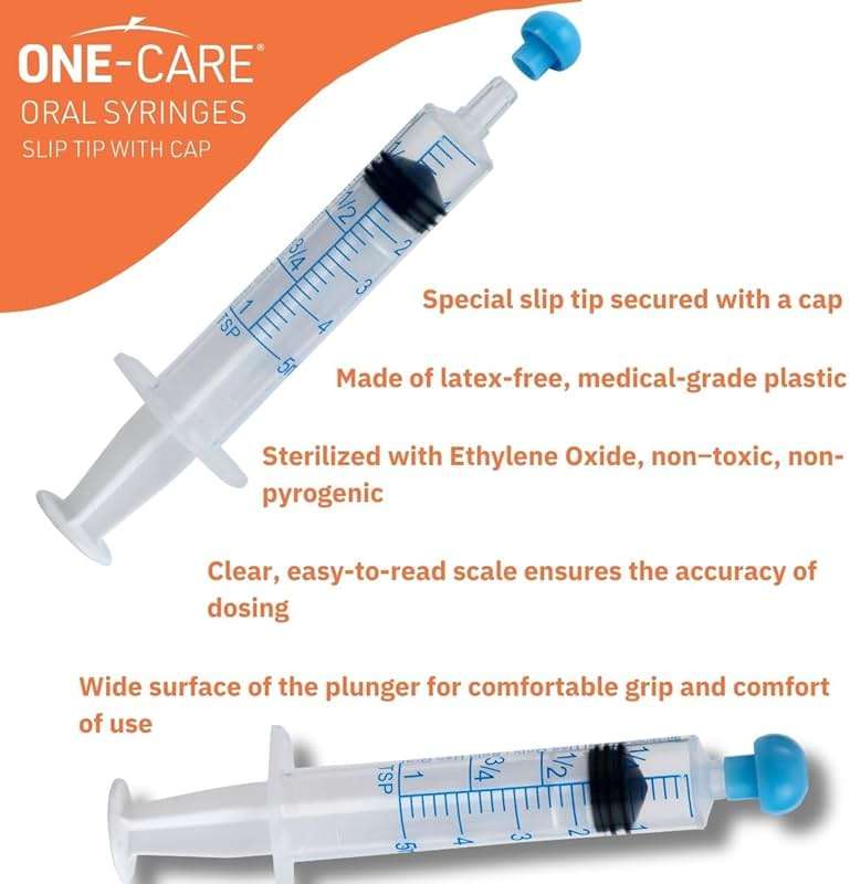 ONE-CARE 5ml Oral Syringe with Cap - Sterile, Individually Wrapped - 100 Syringes, Slip Tip, Uses include oral administration of medicine for infants, adults and animals - Image 3