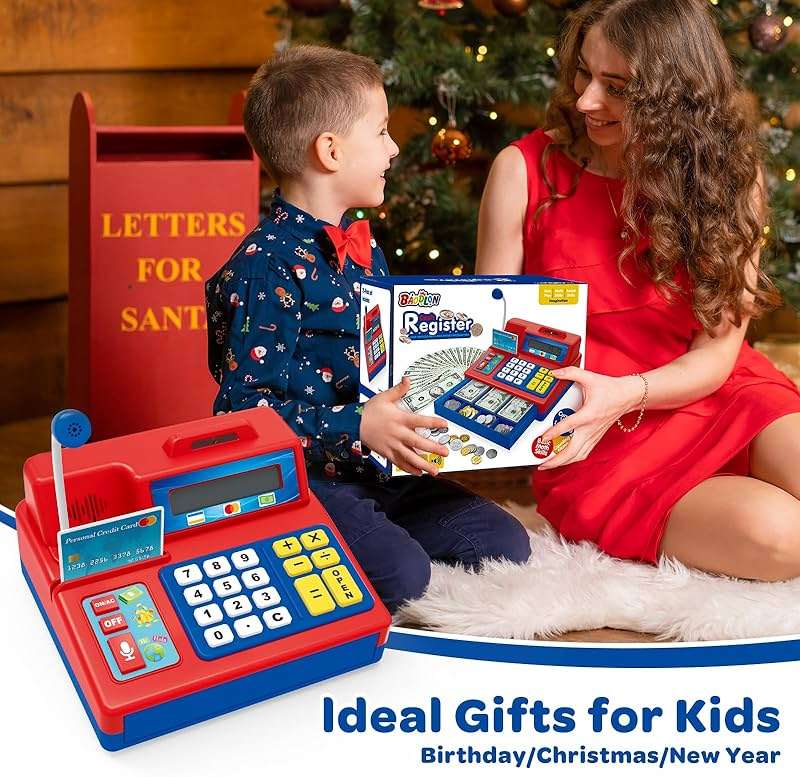 Calculator Cash Register - 103 Pcs Toy Cash Register, Microphone, Credit Card and Banking for Kids, Early Math Skills Toys Gifts for 3, 4, 5, 6 7 8+ Years Old Boys Girls - Image 7
