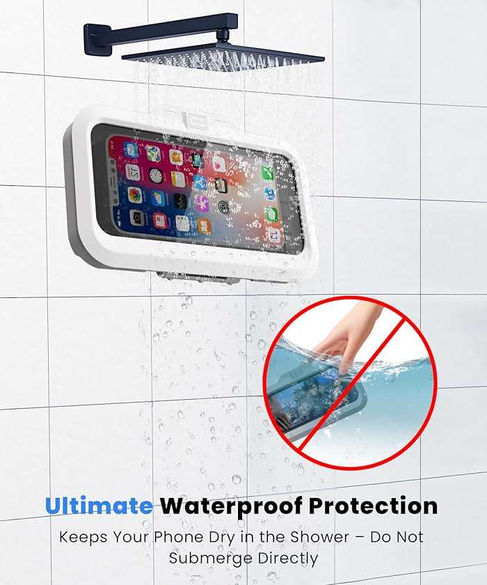 URROY Shower Phone Holder Waterproof One-Touch Open Shower Phone Case Anti-Fog & Sensitive Touchscreen Bathroom Wall Phone Mount Stand Universal Fit for iPhone & Smartphones Gift for Men Women White - Image 3