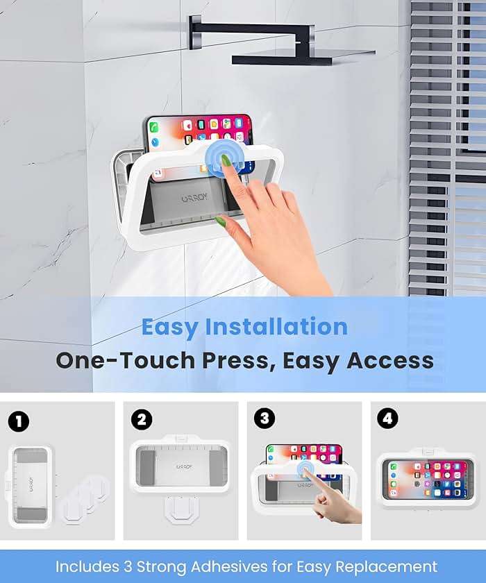 URROY Shower Phone Holder Waterproof One-Touch Open Shower Phone Case Anti-Fog & Sensitive Touchscreen Bathroom Wall Phone Mount Stand Universal Fit for iPhone & Smartphones Gift for Men Women White - Image 5