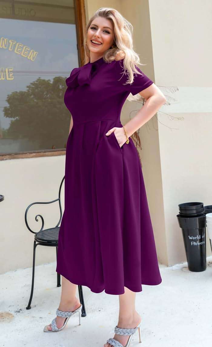 Memoriesea Women's Elegant Casual Short Sleeve Work Party A-Line Dress with Pockets - Image 4