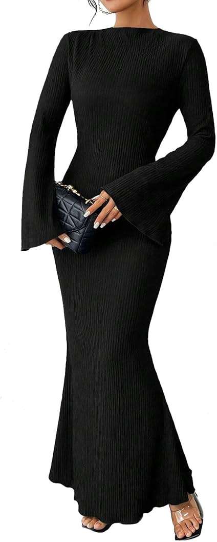 Narecte Fall Dresses for Women 2025 Maxi Dresses Solid Color Boho Dress Flare Sleeve Bodycon Dress - Image 1