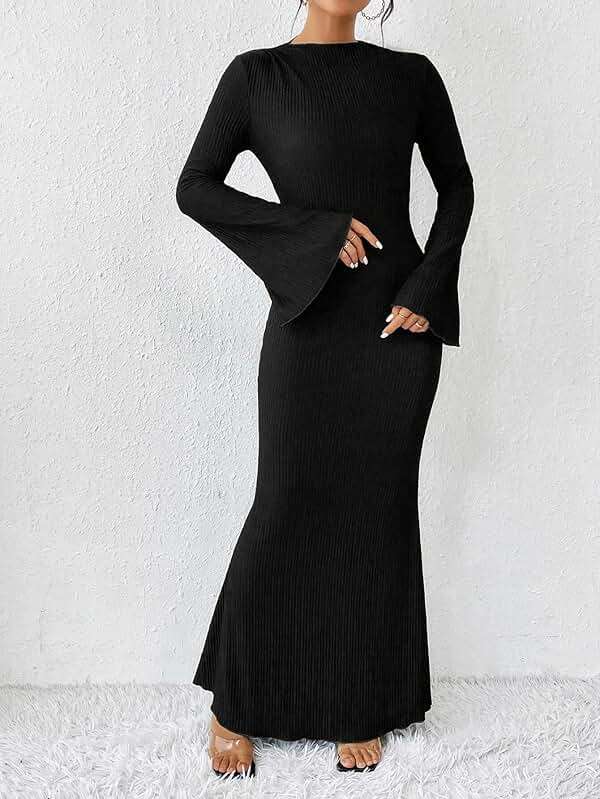 Narecte Fall Dresses for Women 2025 Maxi Dresses Solid Color Boho Dress Flare Sleeve Bodycon Dress - Image 2