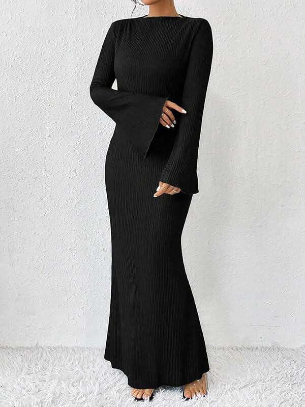Narecte Fall Dresses for Women 2025 Maxi Dresses Solid Color Boho Dress Flare Sleeve Bodycon Dress - Image 3