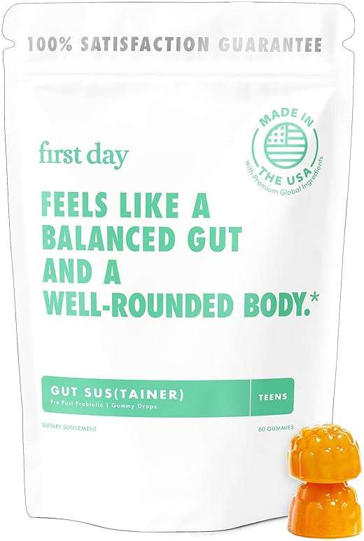 FIRST DAY Teens’ Gut Sustainer Tribiotic Gummies – 3-in-1 Prebiotic, Probiotic & Postbiotic Supplement – Supports Digestive, Skin, Oral & Immune Health, Nutrient Absorption & Growth – 30-Day Supply - Image 1