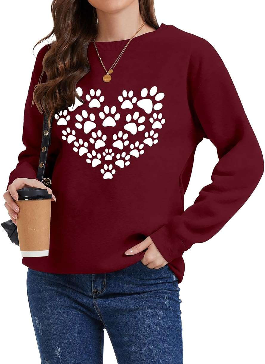 ZUNQKG Womens Dog Mom Sweatshirt Long Sleeve Dog Paw Print Crewneck Funny Heart Graphic Sweatshirts - Image 2