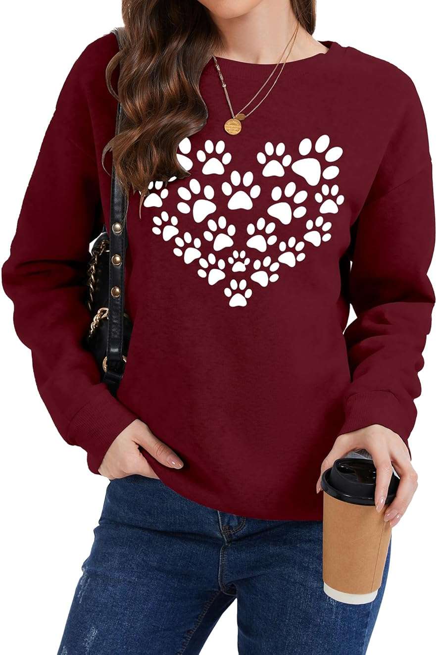 ZUNQKG Womens Dog Mom Sweatshirt Long Sleeve Dog Paw Print Crewneck Funny Heart Graphic Sweatshirts - Image 3