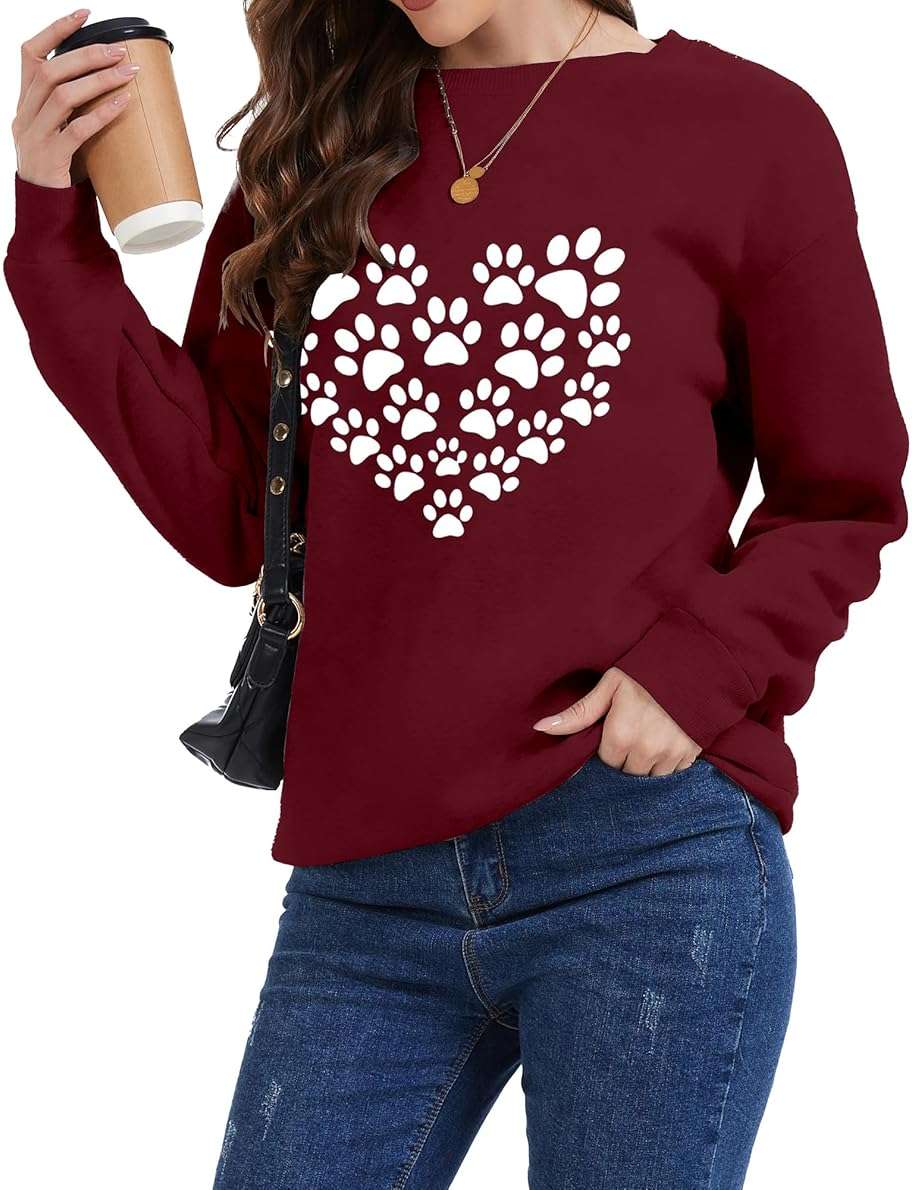 ZUNQKG Womens Dog Mom Sweatshirt Long Sleeve Dog Paw Print Crewneck Funny Heart Graphic Sweatshirts - Image 4