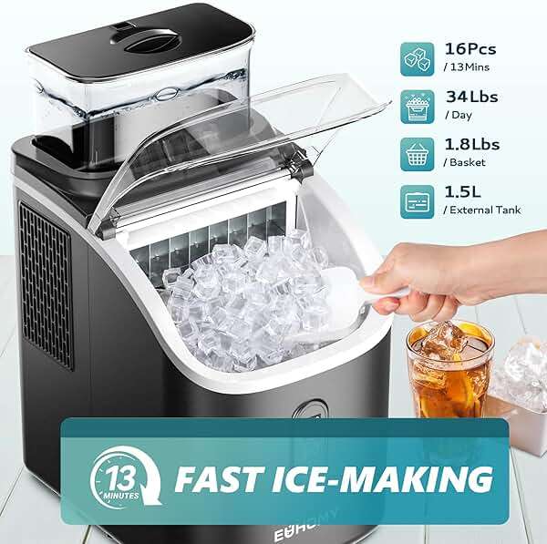 EUHOMY Ice Cube Maker Machine Countertop with External Water Tank, 2 Ways to Add Water, 34Lbs/Day, 16Pcs Ready in 7 Mins, Auto-Cleaning, with Ice Scoop & Basket, for Home/Kitchen/Office/Bar (Black) - Image 2