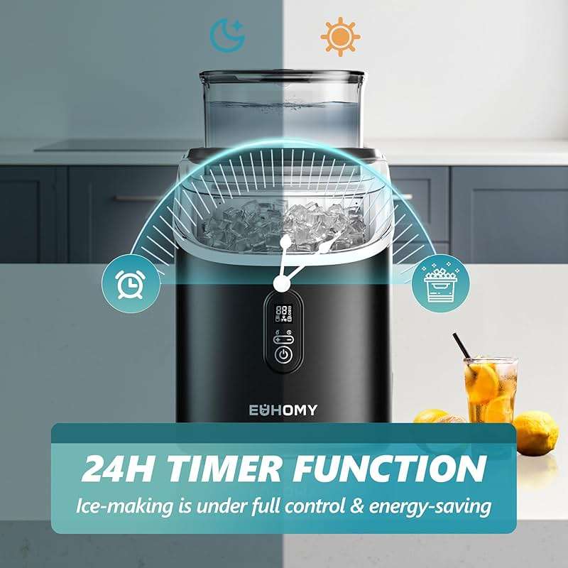 EUHOMY Ice Cube Maker Machine Countertop with External Water Tank, 2 Ways to Add Water, 34Lbs/Day, 16Pcs Ready in 7 Mins, Auto-Cleaning, with Ice Scoop & Basket, for Home/Kitchen/Office/Bar (Black) - Image 7