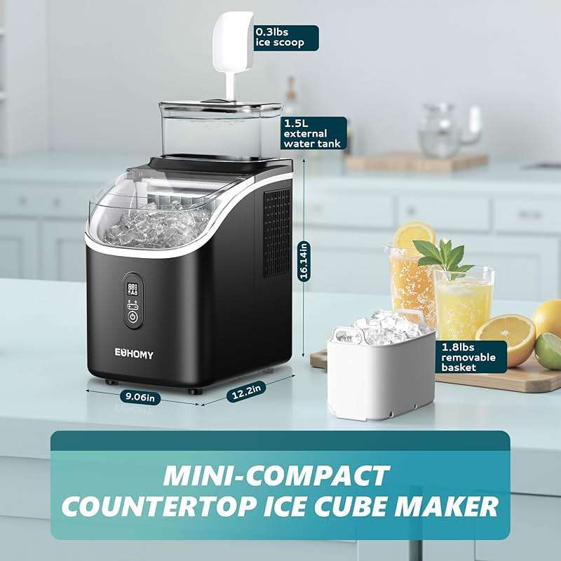 EUHOMY Ice Cube Maker Machine Countertop with External Water Tank, 2 Ways to Add Water, 34Lbs/Day, 16Pcs Ready in 7 Mins, Auto-Cleaning, with Ice Scoop & Basket, for Home/Kitchen/Office/Bar (Black) - Image 8