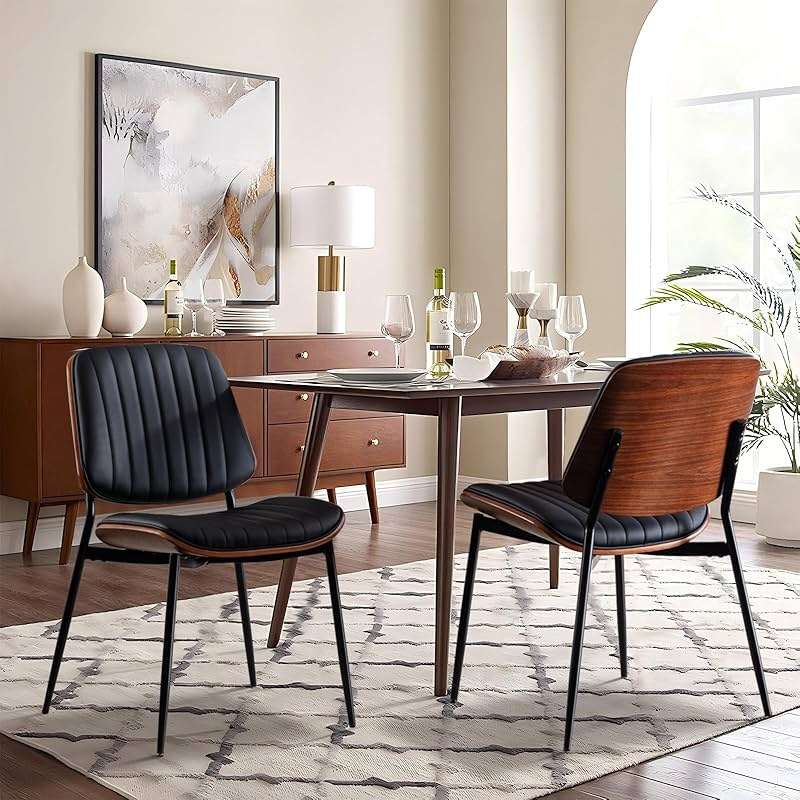 SOARMOTE Dining Chairs Set of 6, Upholstered Mid-Century Modern Dining Room and Kitchen Chairs with Walnut Backrest,Retro Accent PU Leather Side Chairs with Metal Legs,Black - Image 3