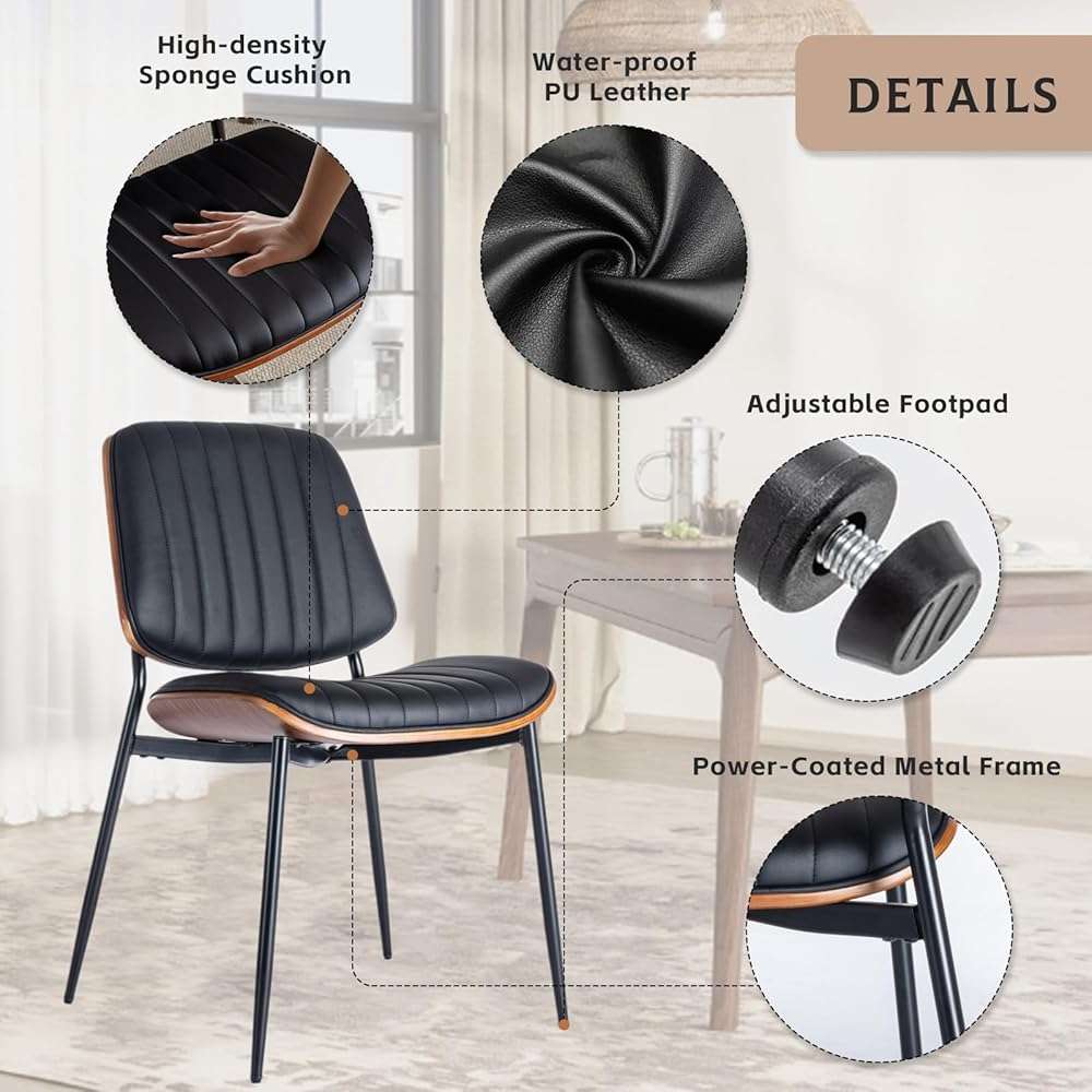 SOARMOTE Dining Chairs Set of 6, Upholstered Mid-Century Modern Dining Room and Kitchen Chairs with Walnut Backrest,Retro Accent PU Leather Side Chairs with Metal Legs,Black - Image 4