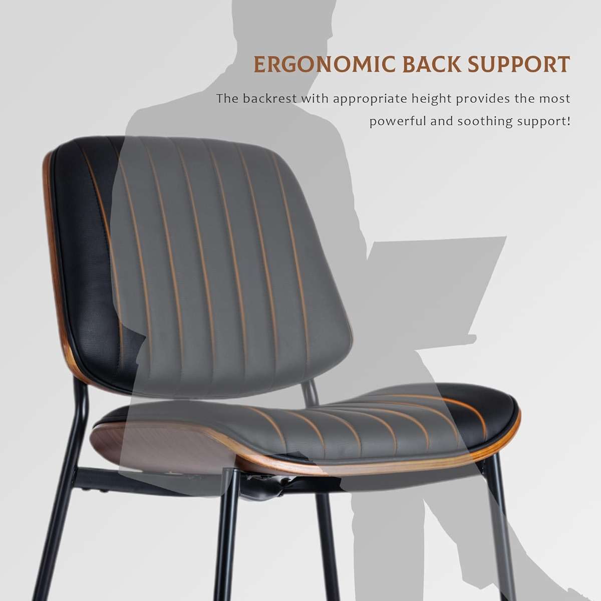 SOARMOTE Dining Chairs Set of 6, Upholstered Mid-Century Modern Dining Room and Kitchen Chairs with Walnut Backrest,Retro Accent PU Leather Side Chairs with Metal Legs,Black - Image 6