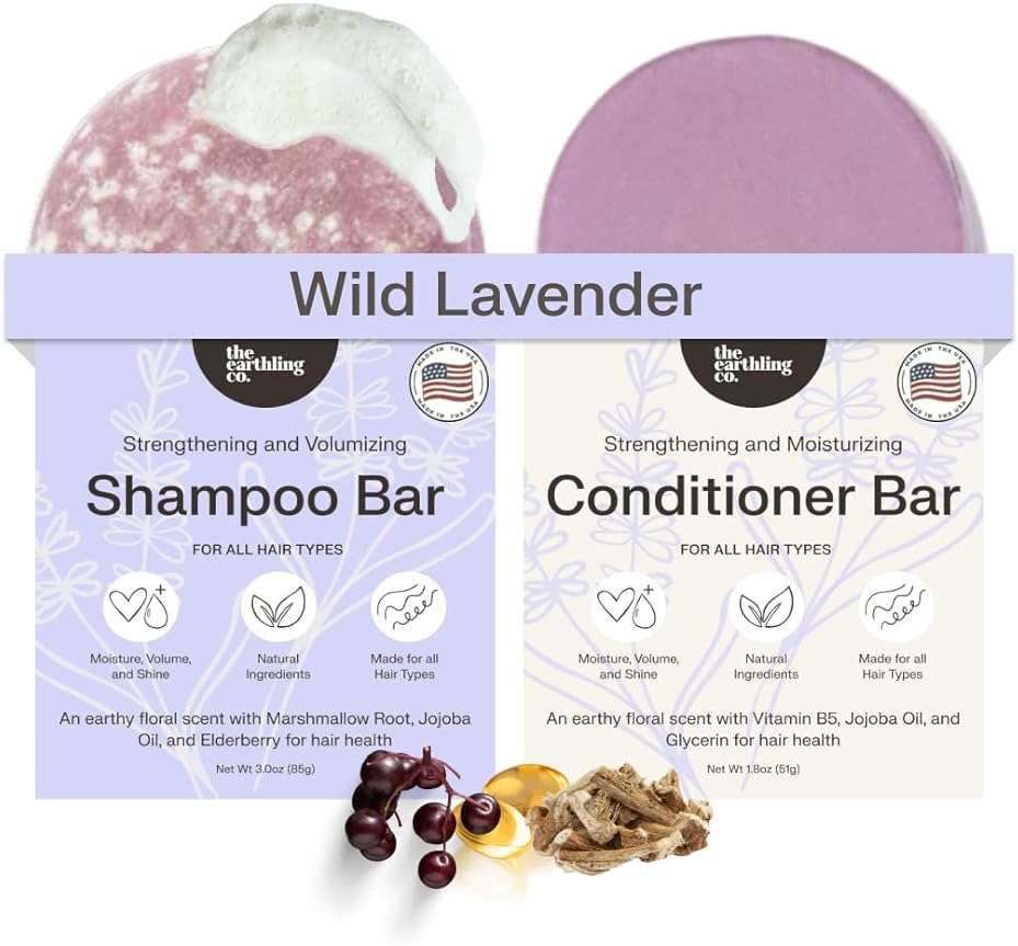 The Earthling Co. Volumizing Shampoo & Conditioner Bar Set For Thickening, Fullness, Strength, and Growth - Sulfate, SIlicone, Paraben Free for Thinning, Flat, Fine Hair - Made in USA (Wild Lavender) - Image 1