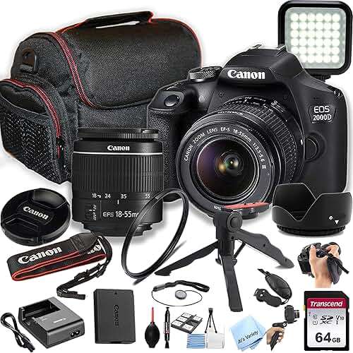 Canon EOS 2000D / Rebel T7 DSLR Camera w/EF-S 18-55mm F/3.5-5.6 Zoom Lens + 64GB Memory, LED Video Light, Case, Gripster Tripod, and More (Essential Bundle) (Renewed) - Image 1