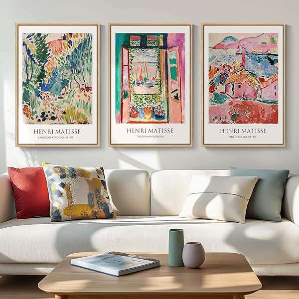 Framed Vintage Matisse Wall Art, Large Set of 3 Piece Colorful Canvas Artwork for Walls, Matisse Retro Landscape Paintings Prints Pictures for Living Room Bedroom Hallway Office Wall Decor 16x24 - Image 1