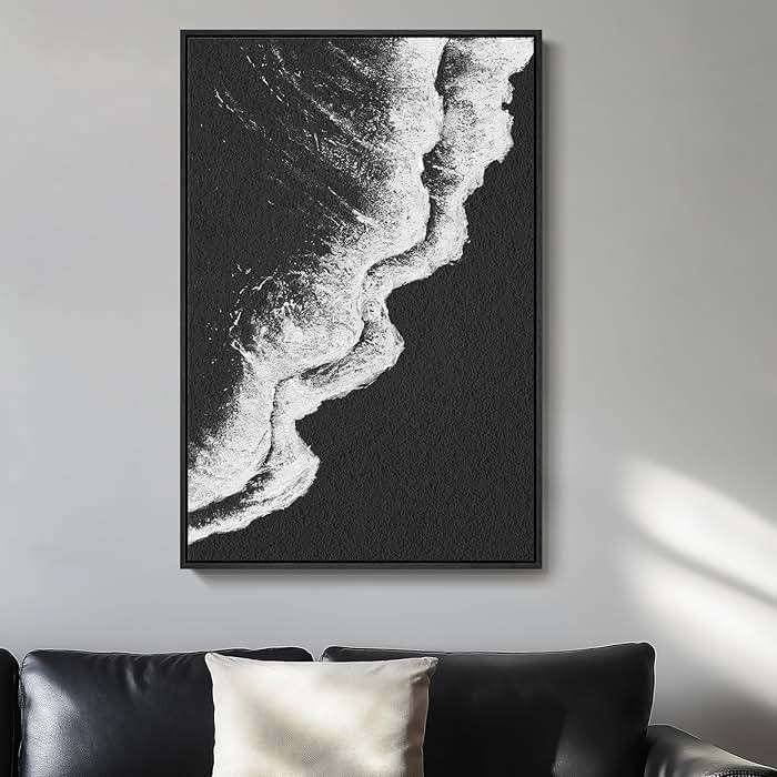 Framed Black and White Abstract Beach Canvas Wall Art, Modern Minimalist Art Prints Paintings Artwork for Walls, Ocean Wave Pictures for Living Room Dining Room Bedroom Bathroom Wall Decor 24x36 In - Image 1