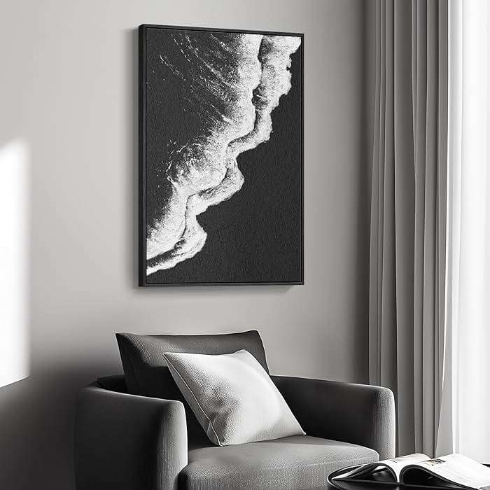 Framed Black and White Abstract Beach Canvas Wall Art, Modern Minimalist Art Prints Paintings Artwork for Walls, Ocean Wave Pictures for Living Room Dining Room Bedroom Bathroom Wall Decor 24x36 In - Image 2