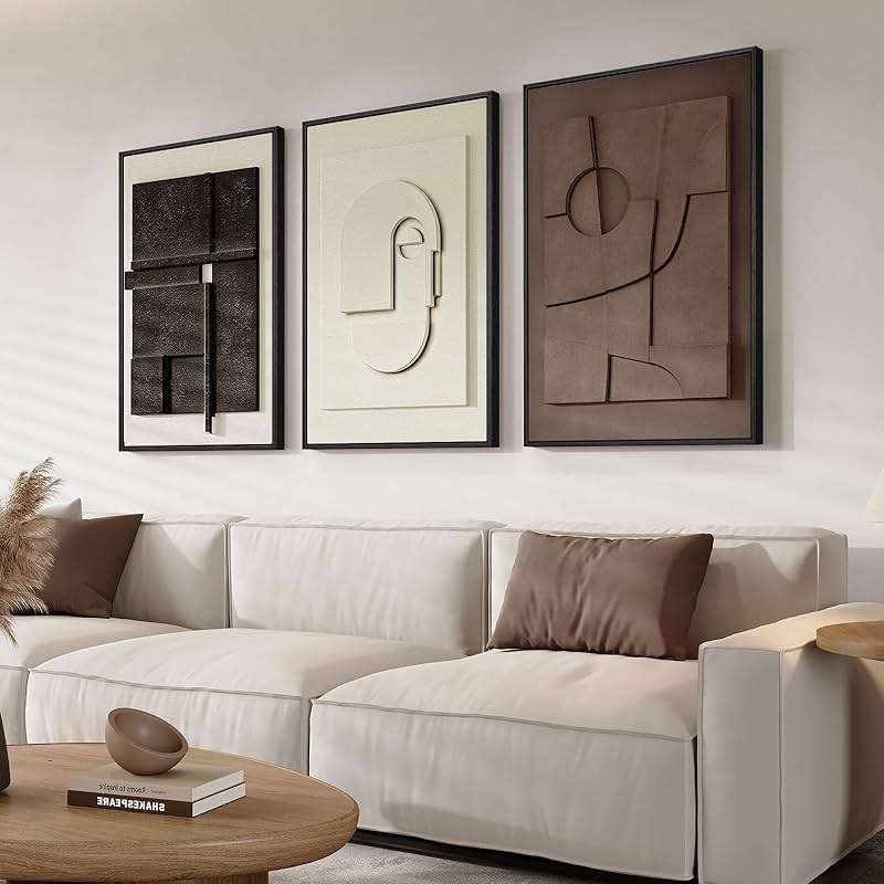 3D Textured Framed Abstract Wall Art, 3 Piece Modern Paintings Artwork for Walls, Black White Brown Geometric Sandstone Texture Pictures for Living Room Dining Room Bedroom Office Wall Decor 16x24 In - Image 2