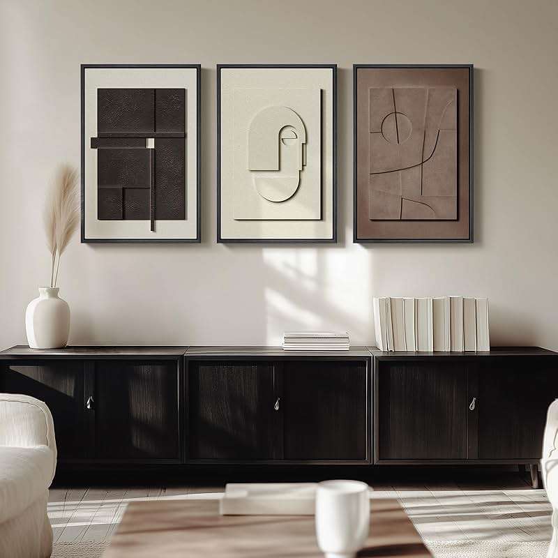 3D Textured Framed Abstract Wall Art, 3 Piece Modern Paintings Artwork for Walls, Black White Brown Geometric Sandstone Texture Pictures for Living Room Dining Room Bedroom Office Wall Decor 16x24 In - Image 4