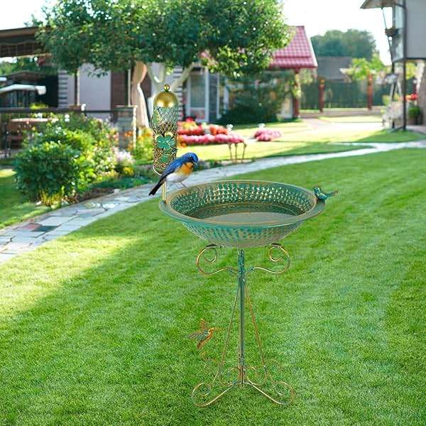 dreamysoul Bird Bath 13" Dia Bowl, Metal Birdbath with Mesh Feeder, Pedestal Bird Baths for Outside Outdoors Garden Patio Yard - Image 2