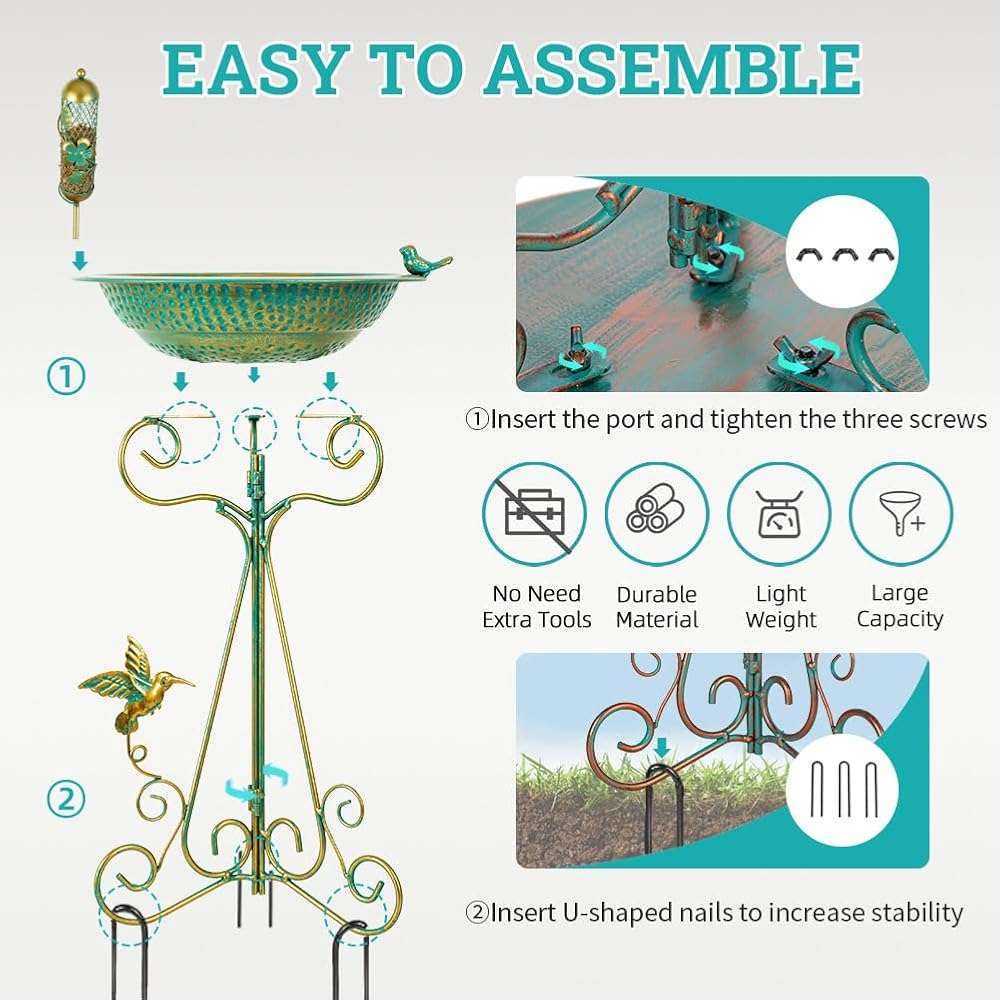 dreamysoul Bird Bath 13" Dia Bowl, Metal Birdbath with Mesh Feeder, Pedestal Bird Baths for Outside Outdoors Garden Patio Yard - Image 4