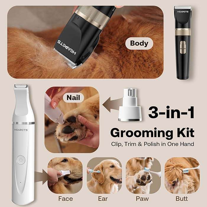 HEAPETS Dog Hair Clippers for Grooming Kit and Dog Paw Trimmer Nail Grinder for Grooming, Low Noise Rechargeable Cordless, Shaver Grooming Supplies for Pet Cats Dogs (Black, White) - Image 2
