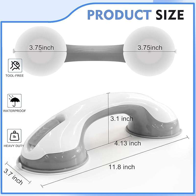 Heartfeltyire Shower Handles for Elderly Suction Seniors Cup 12 Inch Grey Grab Bar Safety Rail for Bathtubs Showers Bathroom Walls Tub Toilet with Strong Hold Grip Injury Handicap Elderly - Image 2