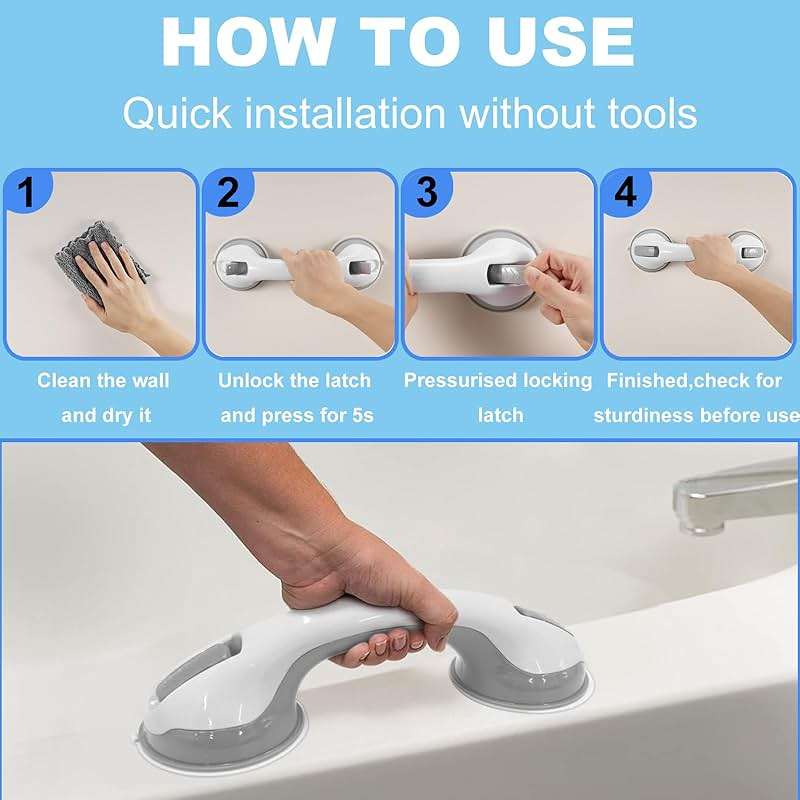 Heartfeltyire Shower Handles for Elderly Suction Seniors Cup 12 Inch Grey Grab Bar Safety Rail for Bathtubs Showers Bathroom Walls Tub Toilet with Strong Hold Grip Injury Handicap Elderly - Image 4