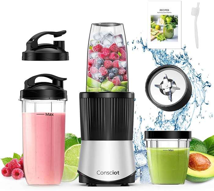 Consciot CB08 11-Piece Blender for Kitchen and Personal Size, Blend Shakes and Smoothies, Frozen Drinks, Baby Food, Spreads & More, 3 Portable To-Go Cups & 2 Spout Lids & 1 Solid Lid, 900 Peak Watts - Image 1