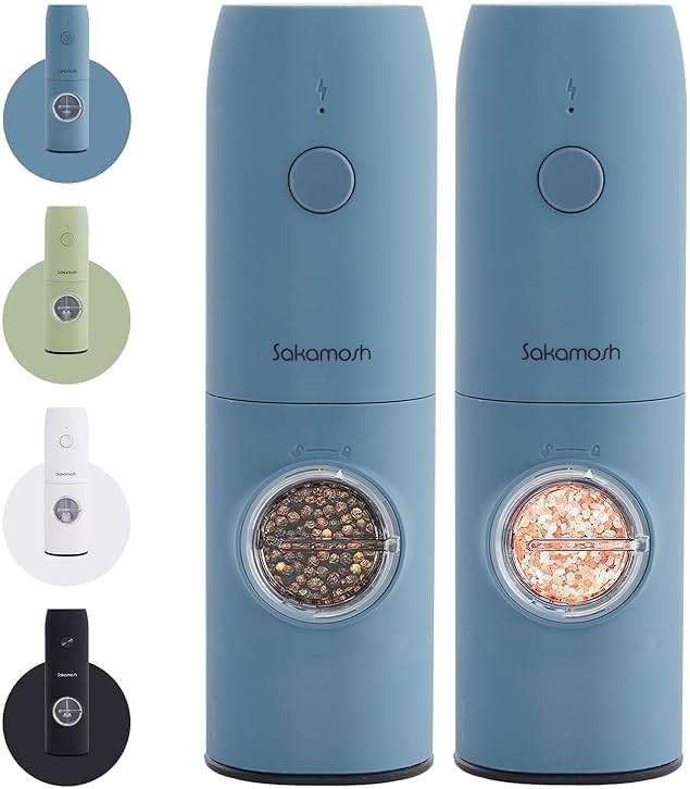 SAKAMOSH Electric Salt and Pepper Grinder Set, Rechargeable,Adjustable Coarseness with LED Light, Electric Salt and Pepper Shakers Refillable(2 Packs, Blue) - Image 1