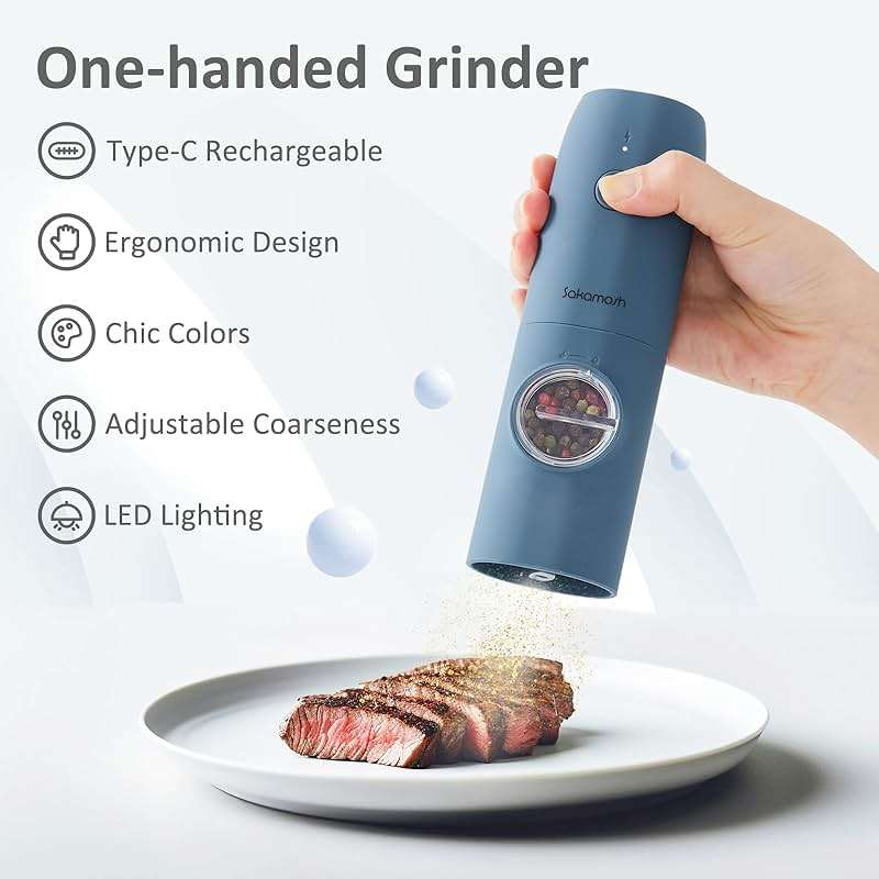 SAKAMOSH Electric Salt and Pepper Grinder Set, Rechargeable,Adjustable Coarseness with LED Light, Electric Salt and Pepper Shakers Refillable(2 Packs, Blue) - Image 2