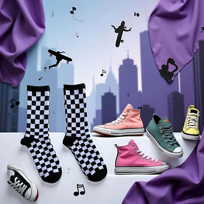 Calsgkspray 1Pair Purple Fashion Harajuku Trends Checkerboard Socks Geometric Checkered Socks Hip Hop Cotton Unisex Print Skateboard Soks Easy to Wear, Novelty and More,Clothing, Shoes and Jewelry - Image 3