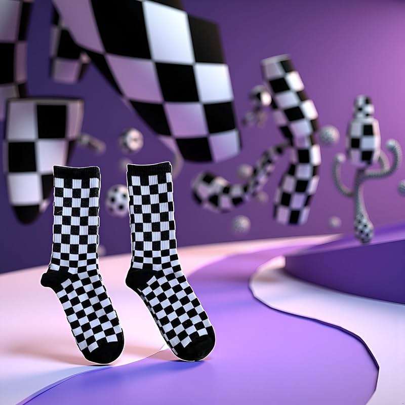 Calsgkspray 1Pair Purple Fashion Harajuku Trends Checkerboard Socks Geometric Checkered Socks Hip Hop Cotton Unisex Print Skateboard Soks Easy to Wear, Novelty and More,Clothing, Shoes and Jewelry - Image 4
