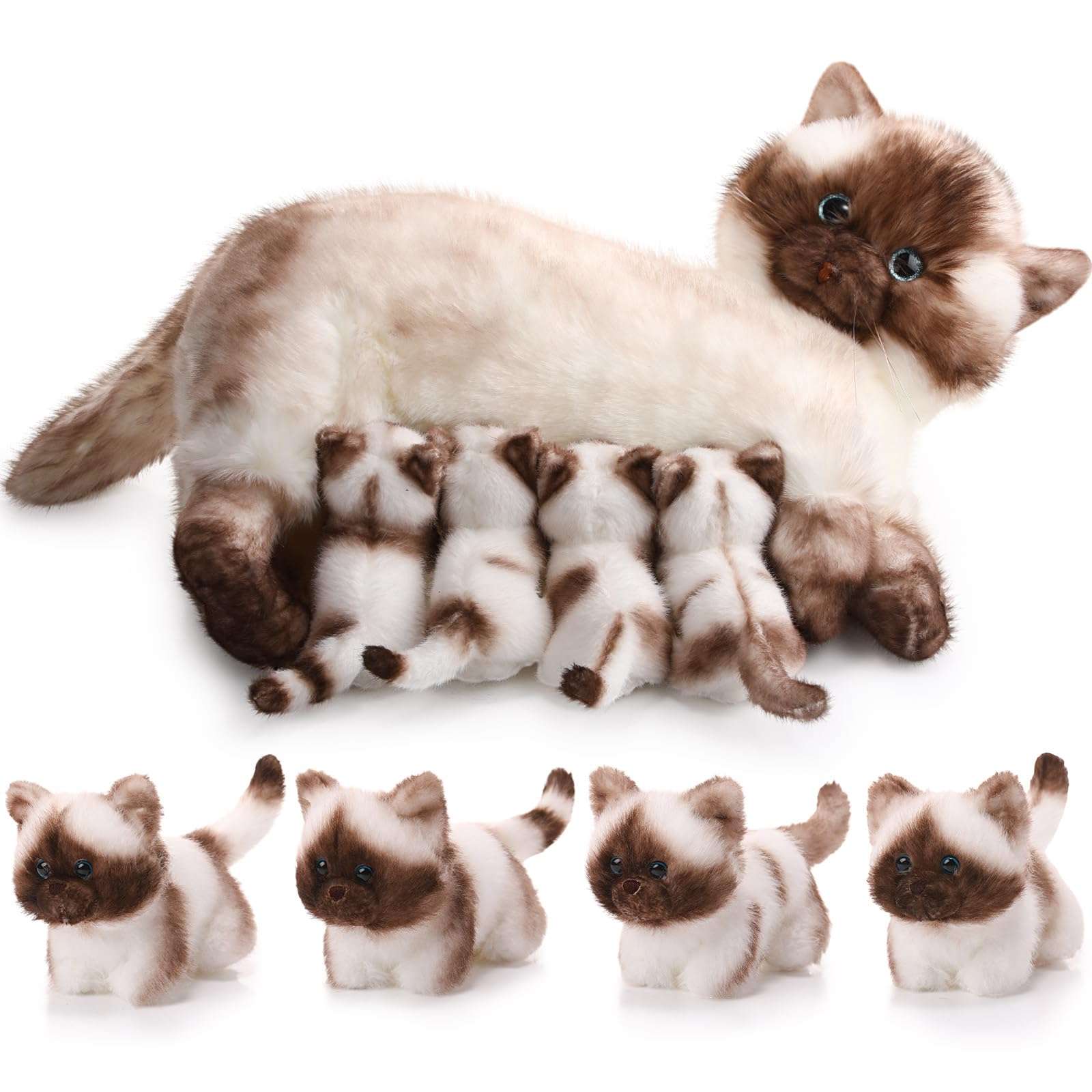 Skylety Nurturing Siamese Cat Stuffed Animal with 4 Baby Kittens, Cat Baby Stuffed Animals Plushy Mommy Kitty with Plush Kittens for Birthday Party Favors Gifts - Image 1