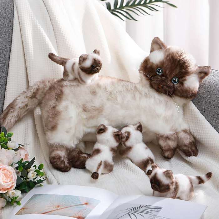 Skylety Nurturing Siamese Cat Stuffed Animal with 4 Baby Kittens, Cat Baby Stuffed Animals Plushy Mommy Kitty with Plush Kittens for Birthday Party Favors Gifts - Image 2